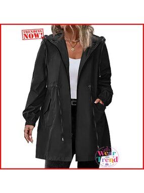 Plus Size Long Waterproof Rain Jacket Hooded Windbreaker Trench Coat